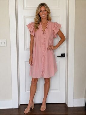 Women’s Ruffle-Trim Midi Dress in Blush Pink